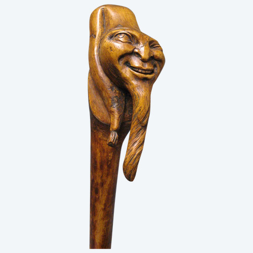 Canne Monoxyle En Buis Sculpté A Tête Grotesque De Gnome. Art Populaire XIXe.