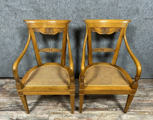 pair of Directoire style armchairs - Consulate in blond walnut circa 1900