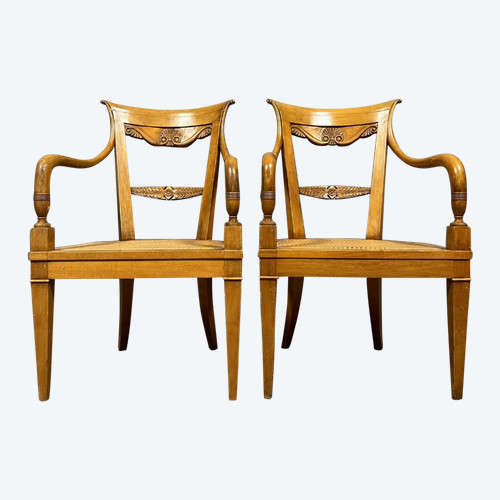 pair of Directoire style armchairs - Consulate in blond walnut circa 1900