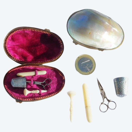 Miniature Sewing Kit For Doll In 19th Century Mother-of-Pearl Shell