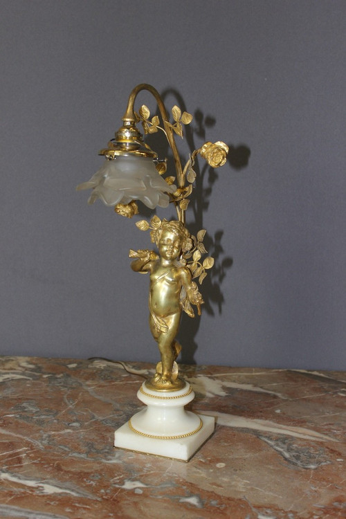 Lampe à l'Angelot En Bronze Doré Vers 1900