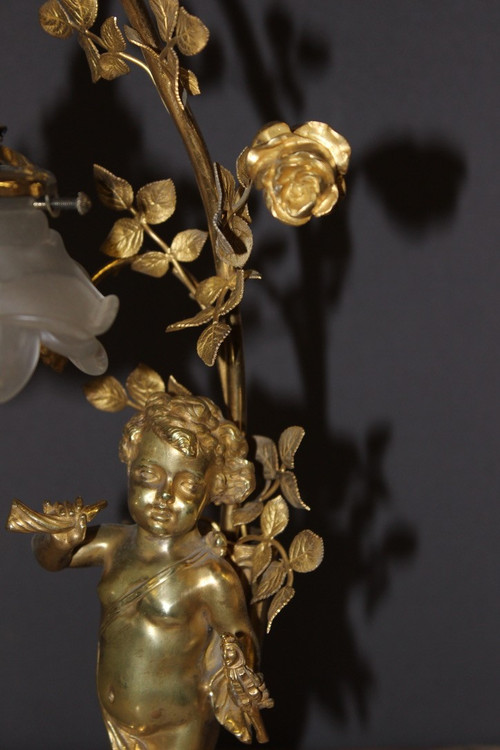 Lampe à l'Angelot En Bronze Doré Vers 1900