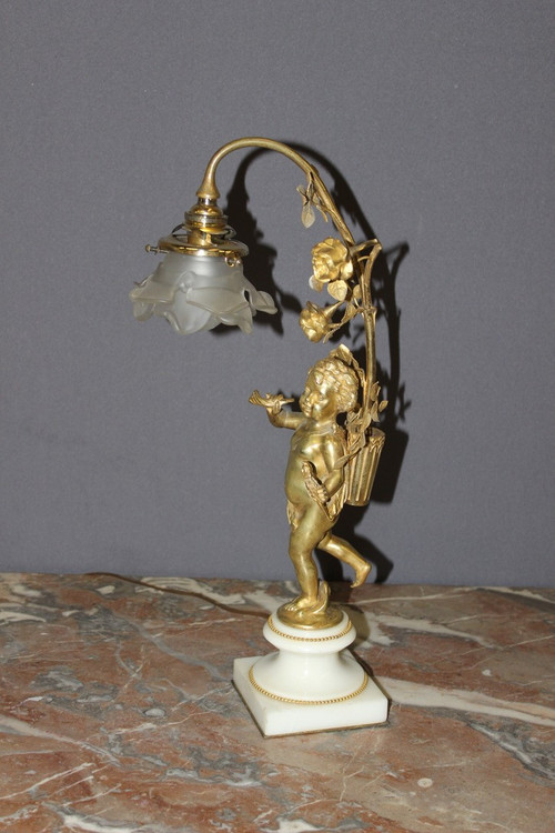 Lampe à l'Angelot En Bronze Doré Vers 1900