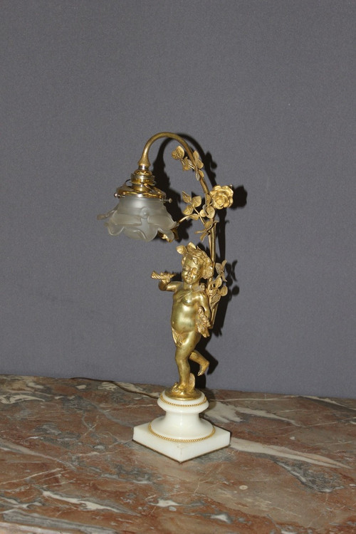 Lampe à l'Angelot En Bronze Doré Vers 1900
