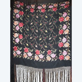 Square embroidered shawl with fringes circa 1920
