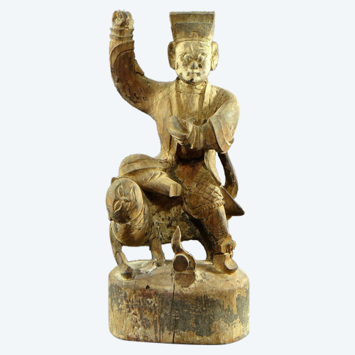 Chine, Début Du XIXème Siècle, Statue De Chao Kung Ming En Bois Sculpté.