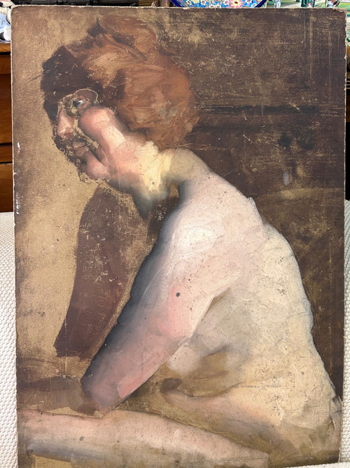 Curious Study Of Nude - Painting On Cardboard Late 19th Century