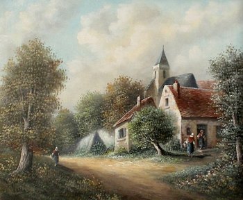  Tableau 'Village de campagne' signé Vallet - XIXe 