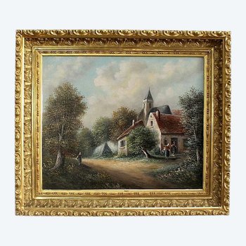  Tableau 'Village de campagne' signé Vallet - XIXe 