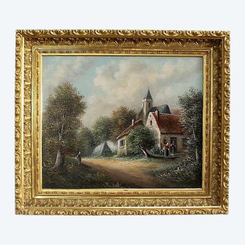  Painting 'Country village' signed Vallet - 19th century