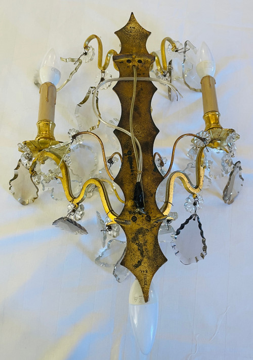 Coppia di applique in bronzo e cristallo della metà del XIX secolo