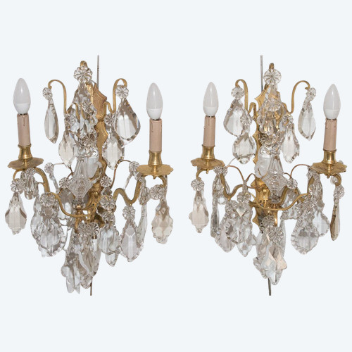 Pair Of Bronze And Crystal Sconces Mid 19th Century