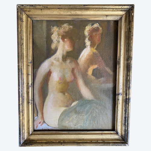 Naked in the mirror. Oil on canvas board. American school mid-20th century.