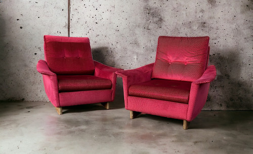 Pair Of Vintage Comfortable Armchairs In Fabrics Probably Italian From The 1950s-60s