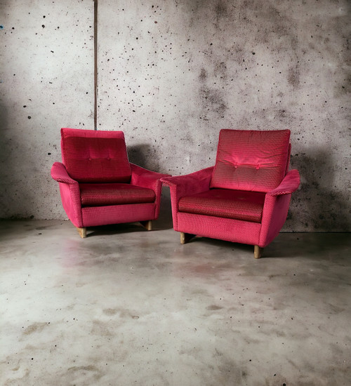 Pair Of Vintage Comfortable Armchairs In Fabrics Probably Italian From The 1950s-60s