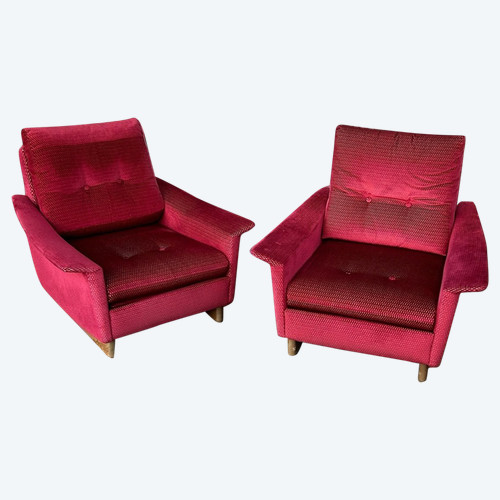 Pair Of Vintage Comfortable Armchairs In Fabrics Probably Italian From The 1950s-60s