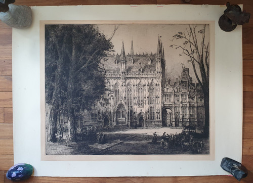 Andrew Fairburn Affleck : early 20th c etching of the Hotel de Ville, Bruges