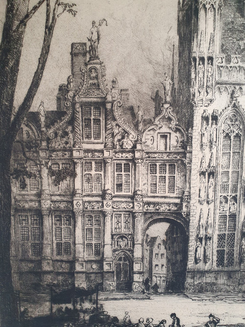 Andrew Fairburn Affleck : early 20th c etching of the Hotel de Ville, Bruges