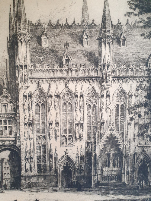 Andrew Fairburn Affleck : early 20th c etching of the Hotel de Ville, Bruges
