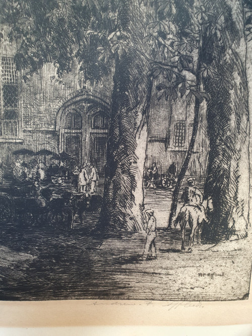 Andrew Fairburn Affleck : early 20th c etching of the Hotel de Ville, Bruges