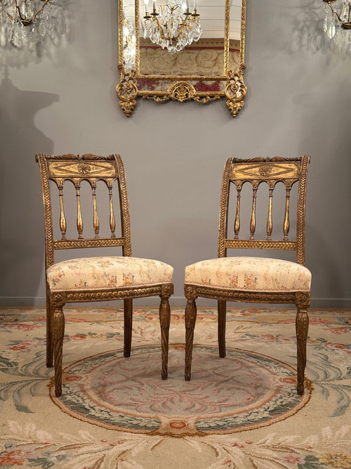 Coppia Di Sedie In Legno Dorato Epoca Luigi XVI 1780 circa