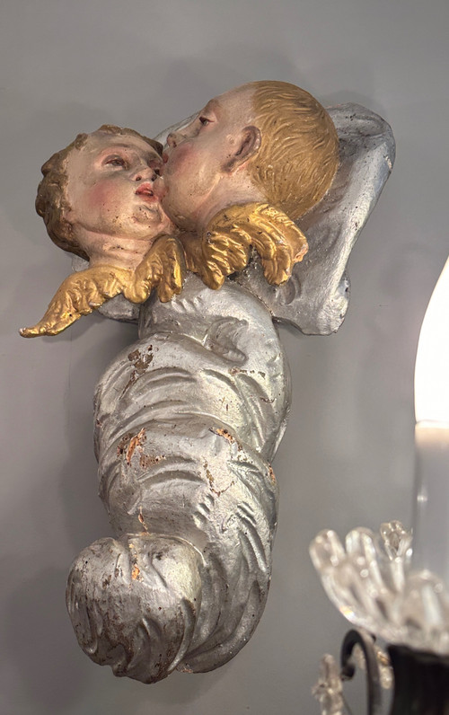 Cherubs In Polychrome Carved Wood From The 18th Century