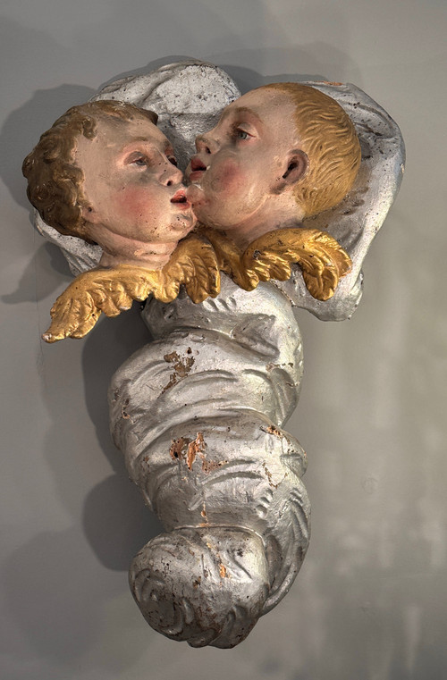 Cherubs In Polychrome Carved Wood From The 18th Century