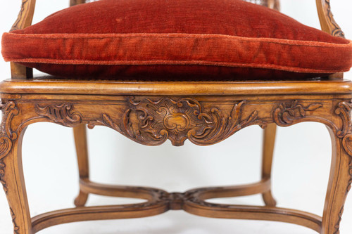 Pair of Regence style armchairs in beech and cane, twentieth century
