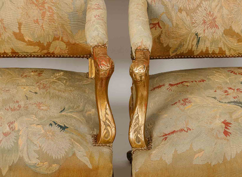 Pair of Regency-style armchairs in gilded wood, late 19th century
