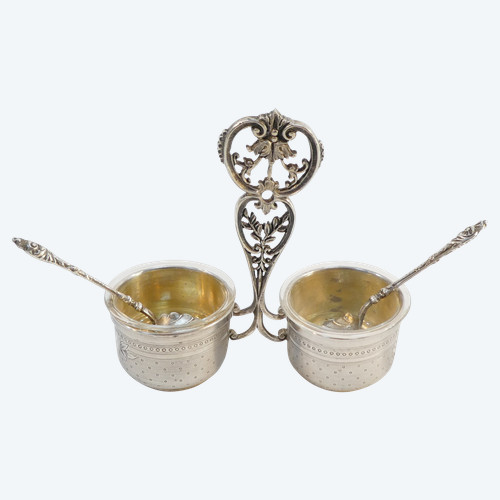 Charming double salerons with solid silver spoons Albert CHAPUS