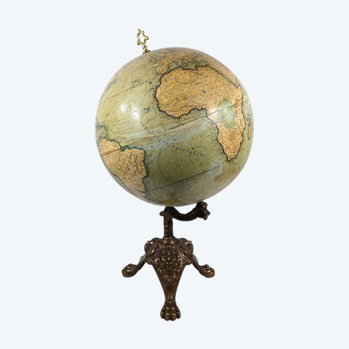 Earth Globe in Lithographed Paper and Cast Iron, J.Lebègue & Cie - Late 19th century