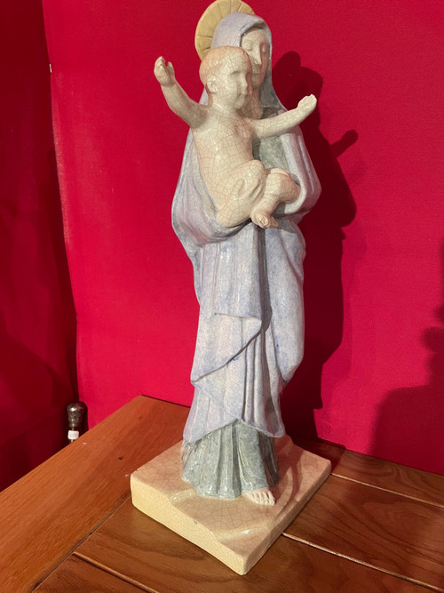 Vierge à L’enfant En Faïence Polychrome Par Fernand Guignier Vers 1950