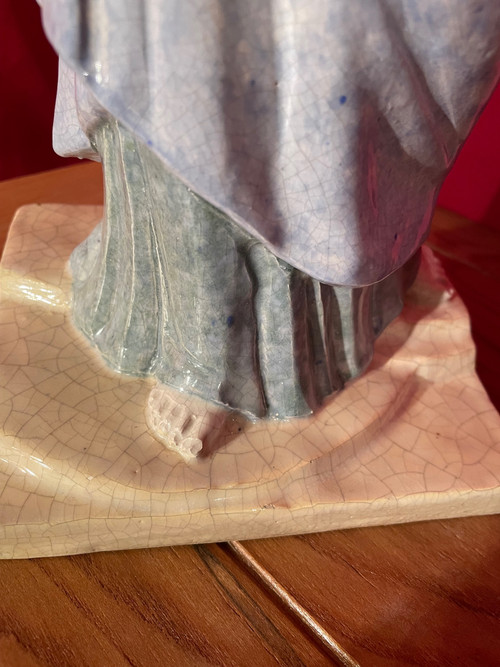 Vierge à L’enfant En Faïence Polychrome Par Fernand Guignier Vers 1950