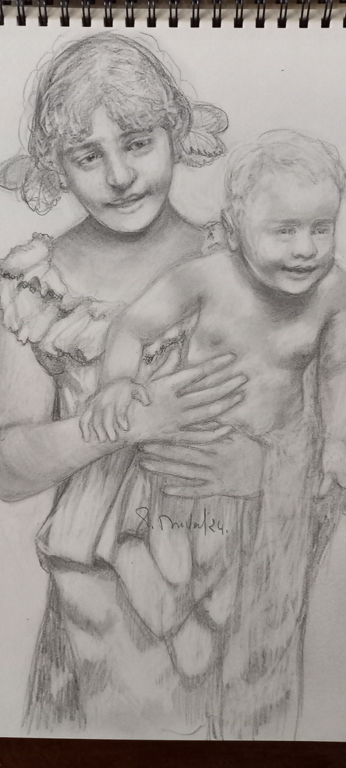 Porträt Mutter und Kind /Zeichnung