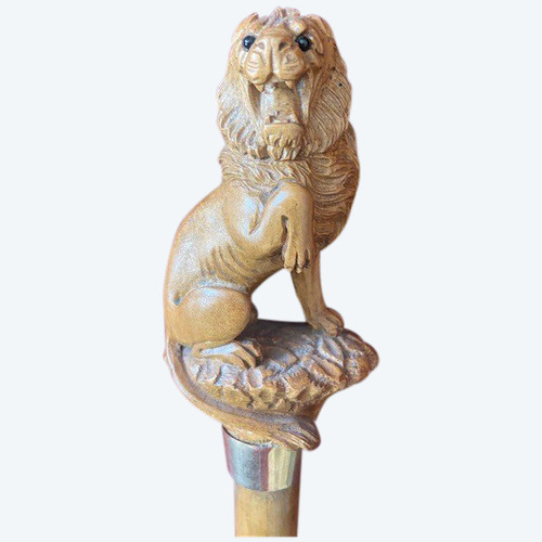 Canne de Collection en jonc de Malacca représentant un lion Héraldique