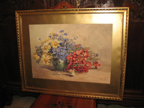 Aquarelle bouquet de fleurs dans un vase signée de M. Lejour époque 19ème d : 71 x 57 cm 