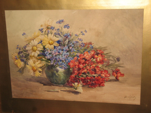 Aquarelle bouquet de fleurs dans un vase signée de M. Lejour époque 19ème d : 71 x 57 cm 