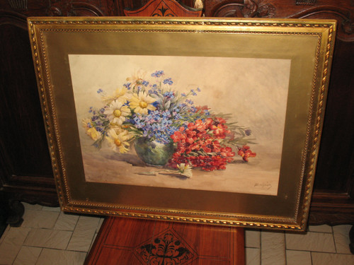 Aquarelle bouquet de fleurs dans un vase signée de M. Lejour époque 19ème d : 71 x 57 cm 