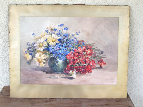 Aquarelle bouquet de fleurs dans un vase signée de M. Lejour époque 19ème d : 71 x 57 cm 