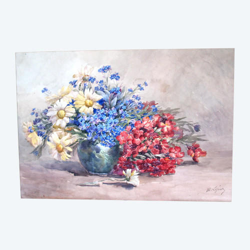 Mazzo di fiori in vaso acquerellato firmato da M. Lejour XIX secolo d : 71 x 57 cm