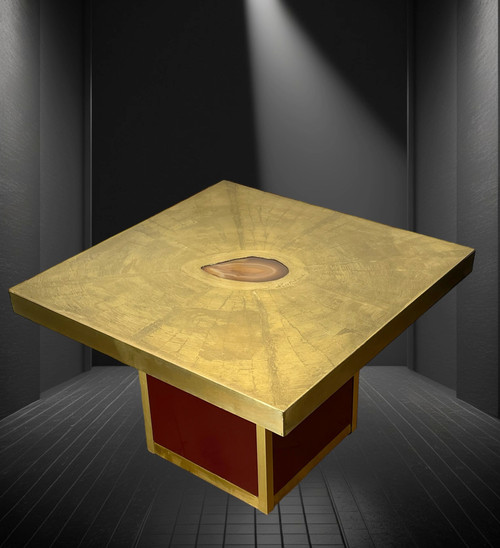 VINTAGE COFFEE TABLE BY PACO RABANE FROM THE 70S IN ENGRAVED BRASS AND AGATE