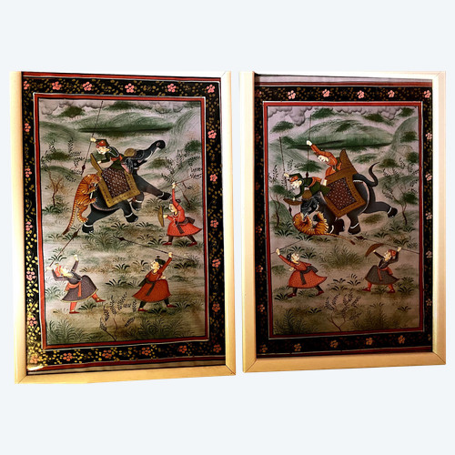 pair of Indian miniature "The Tiger Hunt" paintings on silk, highly decorative, framed