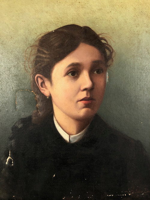 Artheme Denis, Porträt einer jungen Frau. Öl auf Leinwand, signiert und datiert 1885.
