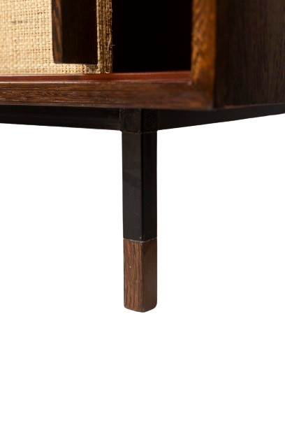 Sideboard in wenge, raffia and lacquered metal. 1970s.