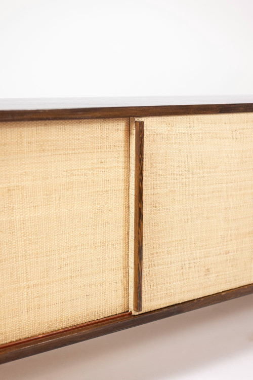 Sideboard in wenge, raffia and lacquered metal. 1970s.