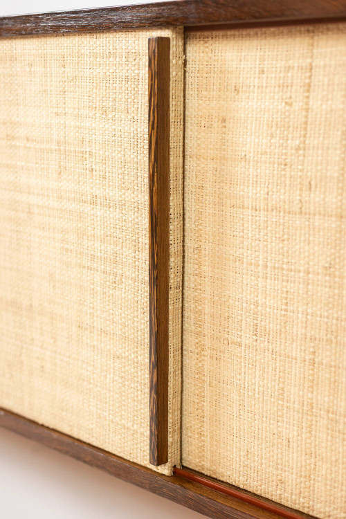 Sideboard in wenge, raffia and lacquered metal. 1970s.