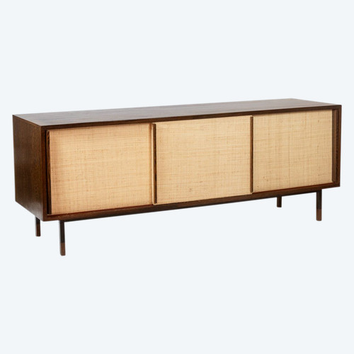 Sideboard in wenge, raffia and lacquered metal. 1970s.