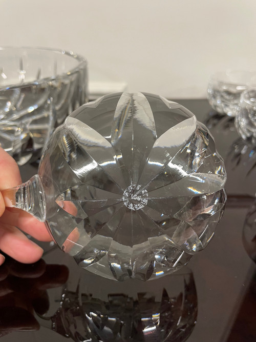 Saint Louis - Signed Engraved Crystal Punch Set Salad Bowl + 8 Cups