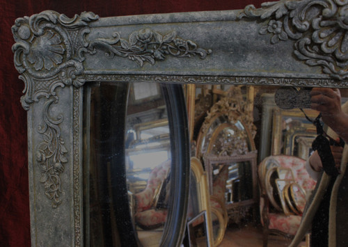 Miroir De Cheminée Ancien à décors floraux, patine, glace mercure, 100 x 140 cm