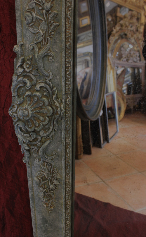 Miroir De Cheminée Ancien à décors floraux, patine, glace mercure, 100 x 140 cm